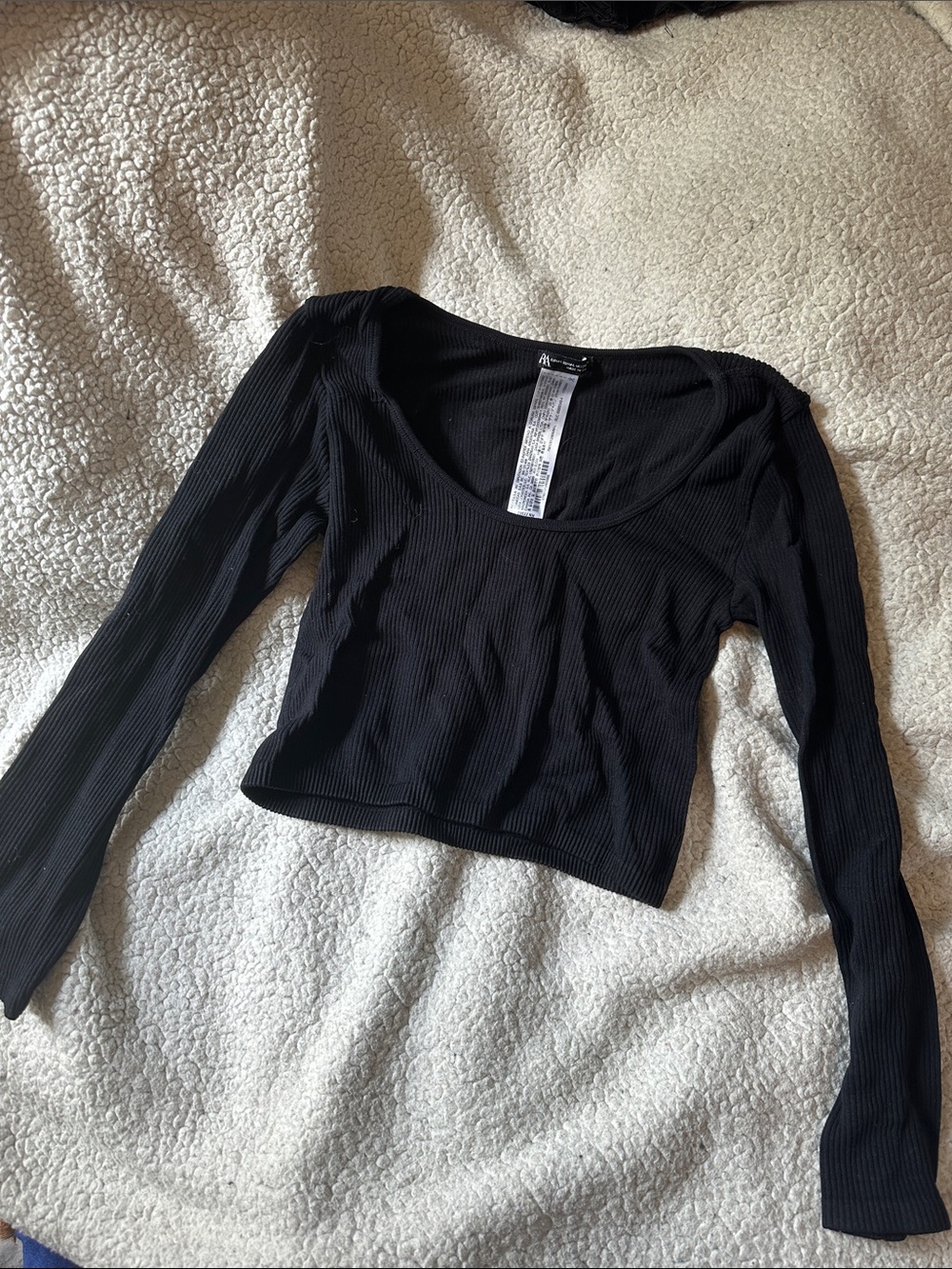 Zara Black Ribbed Scoop Neck Long Sleeve Crop Top